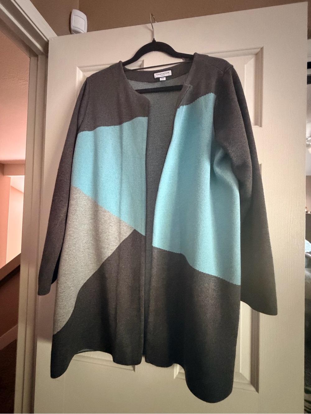 Charter Club Gray & Aqua Colorblock Open Front Cardigan